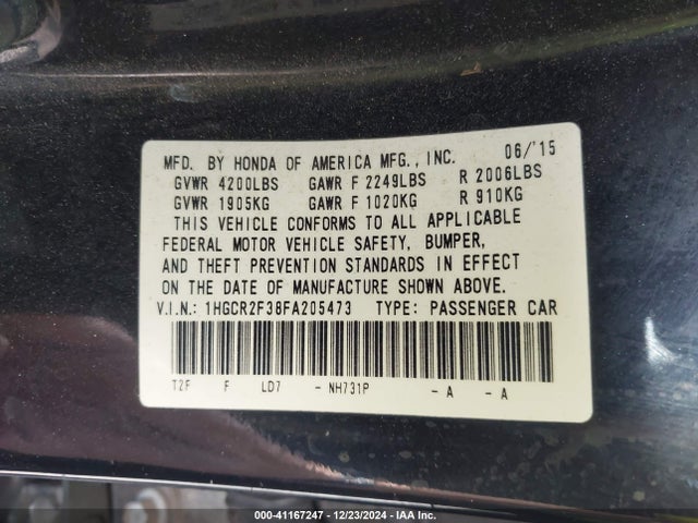 Honda ACCORD LX 2015 1HGCR2F38FA205473 Image 9