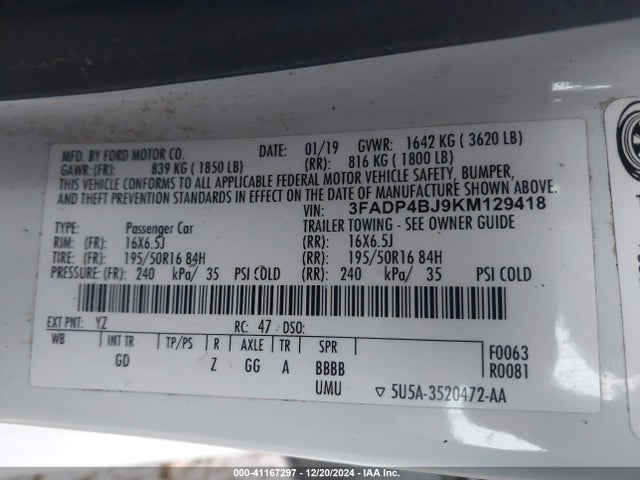 3FADP4BJ9KM129418 Ford FIESTA SE