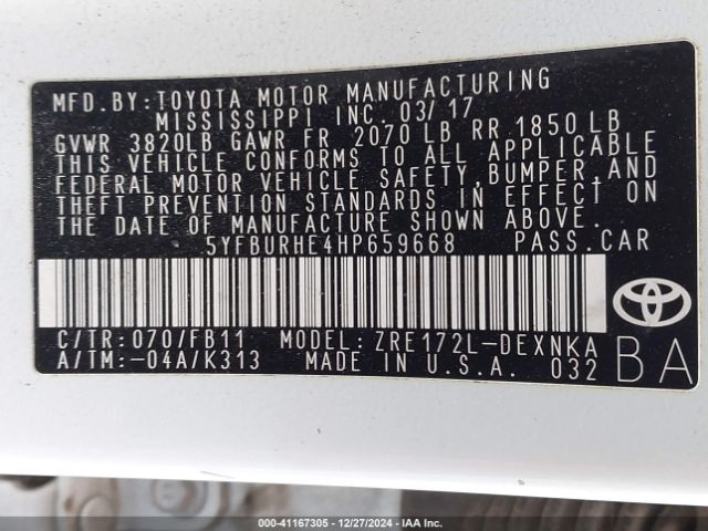 5YFBURHE4HP659668 Toyota COROLLA LE