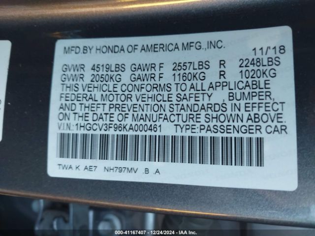 1HGCV3F96KA000461 Honda Accord Hybrid Touring