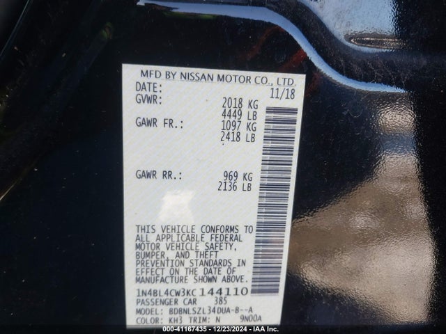 1N4BL4CW3KC144110 Nissan Altima 2.5 Sr