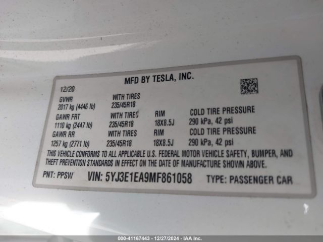 5YJ3E1EA9MF861058 Tesla Model 3 Standard Range Plus Rear-wheel Drive
