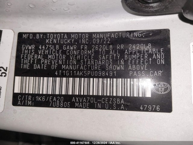 4T1G11AK5PU098491 Toyota CAMRY SE