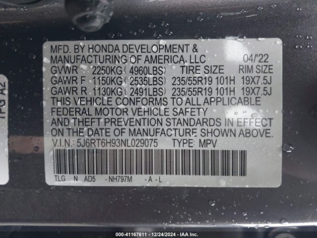 5J6RT6H93NL029075 Honda Cr-v Hybrid Touring