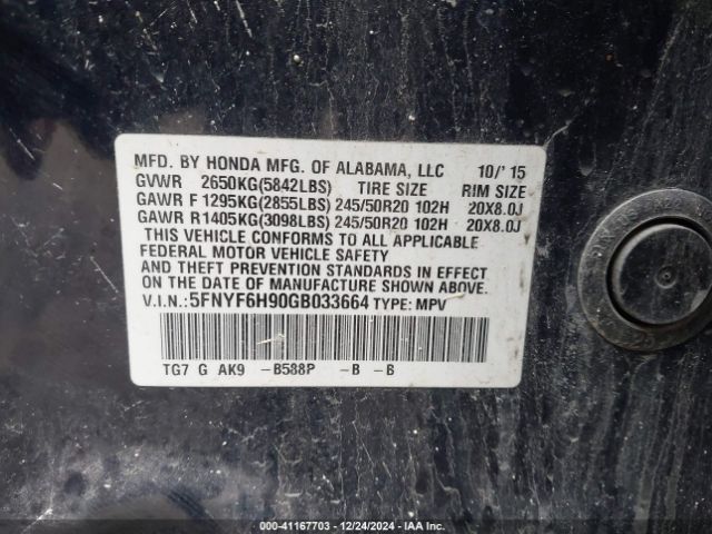 5FNYF6H90GB033664 Honda Pilot Touring
