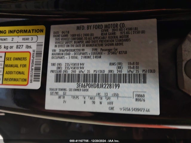 Ford FUSION SE 2018 3FA6P0HD8JR228199 Image 9