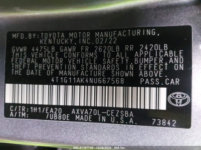 4T1G11AK4NU667568 Toyota CAMRY SE