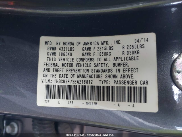 Honda ACCORD EX 2014 1HGCR2F72EA216812 Image 9