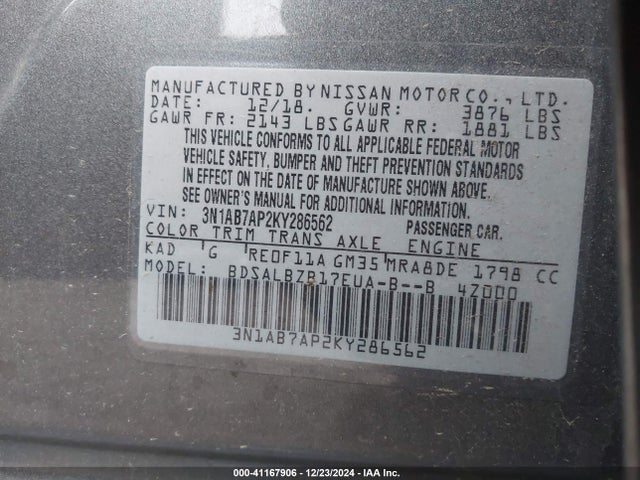 Nissan SENTRA S 2019 3N1AB7AP2KY286562 Image 9