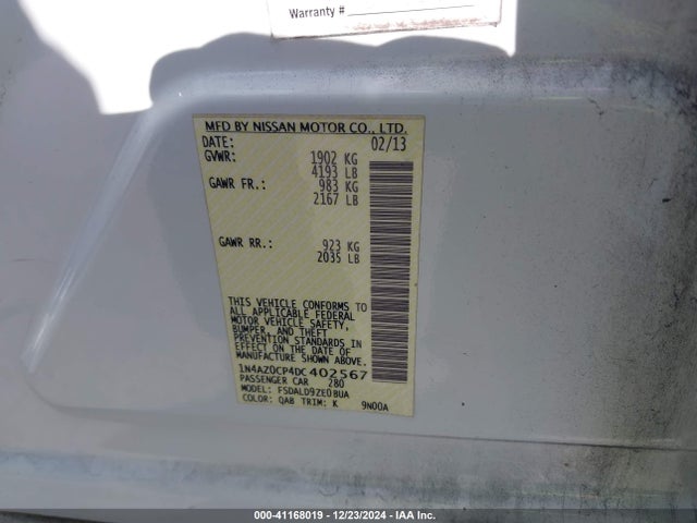 Aukcja sprzedaży 2013 Nissan Leaf Sv, vin: 1N4AZ0CP4DC402567, numer aukcji: 41168019