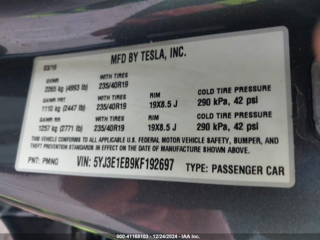 2019 TESLA MODEL 3 5YJ3E1EB9KF192697 Photo 8