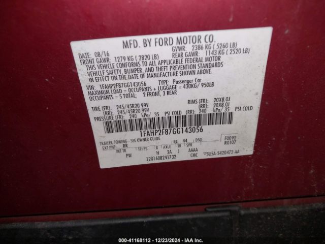 1FAHP2F87GG143056 Ford Taurus Limited