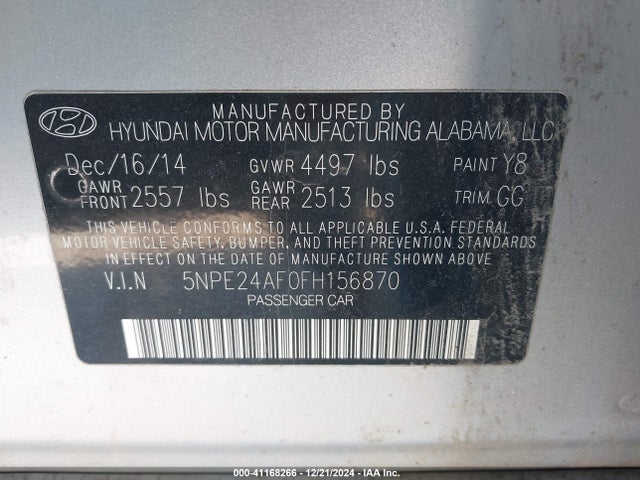 Hyundai SONATA SE 2015 5NPE24AF0FH156870 Image 9