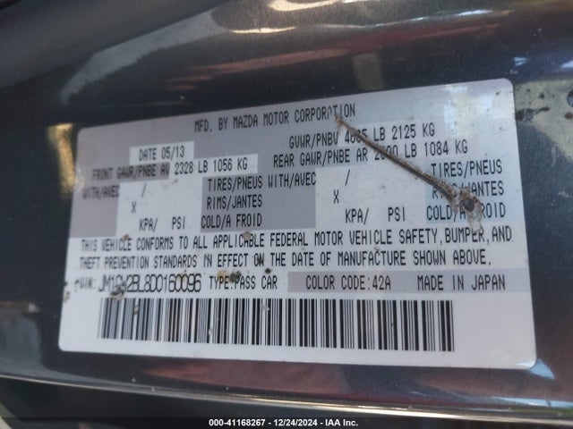 41168267 :رقم المزاد ، JM1CW2BL8D0160096 vin ، 2013 Mazda Mazda5 Sport مزاد بيع