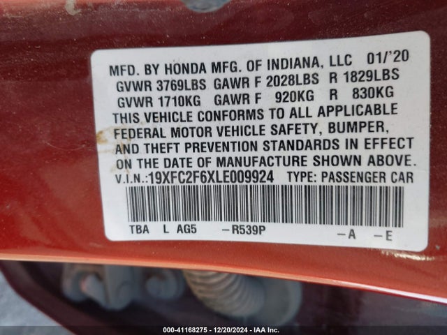 Honda Civic Lx 2020 19XFC2F6XLE009924 Image 9