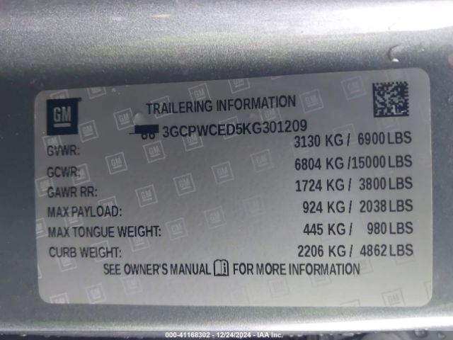 3GCPWCED5KG301209 Chevrolet Silverado 1500 Lt