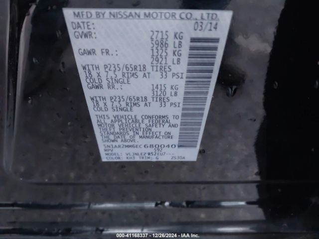5N1AR2MM6EC680040 Nissan Pathfinder Platinum/s/sl/sv