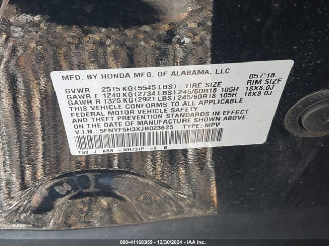 5FNYF5H3XJB023625 Honda Pilot Ex