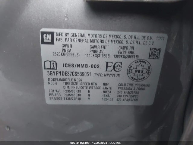 2012 CADILLAC SRX 3GYFNDE37CS539051 Photo 8