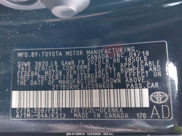 2T1BURHEXJC098608 Toyota COROLLA LE