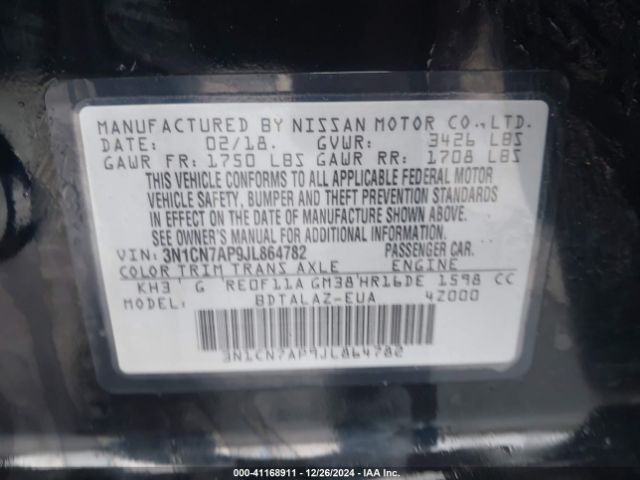3N1CN7AP9JL864782 Nissan Versa 1.6 S+