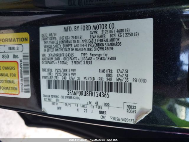 3FA6P0RU8FR124365 Ford Fusion Hybrid Titanium