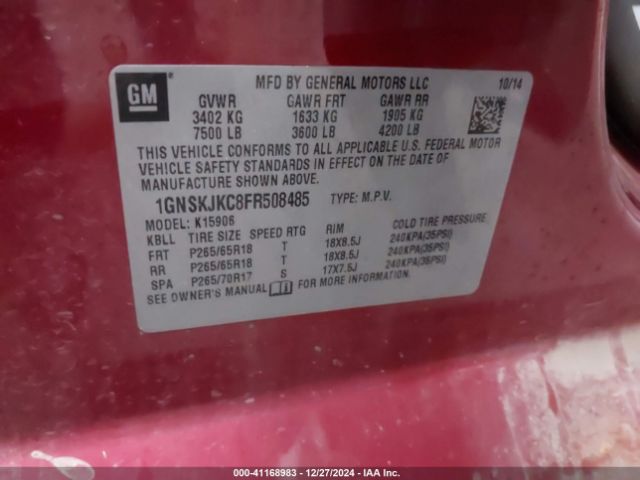 1GNSKJKC8FR508485 Chevrolet Suburban 1500 Lt