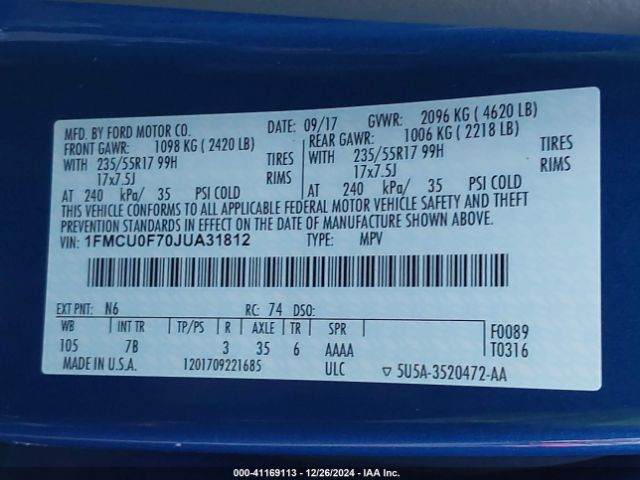 1FMCU0F70JUA31812 Ford ESCAPE S