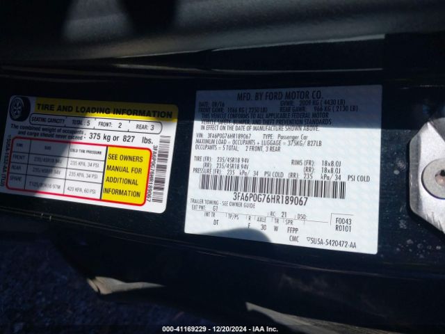 3FA6P0G76HR189067 Ford FUSION S
