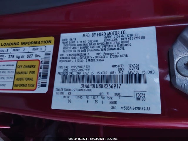 Ford Fusion Hybrid Se 2019 3FA6P0LU8KR256917 Image 9