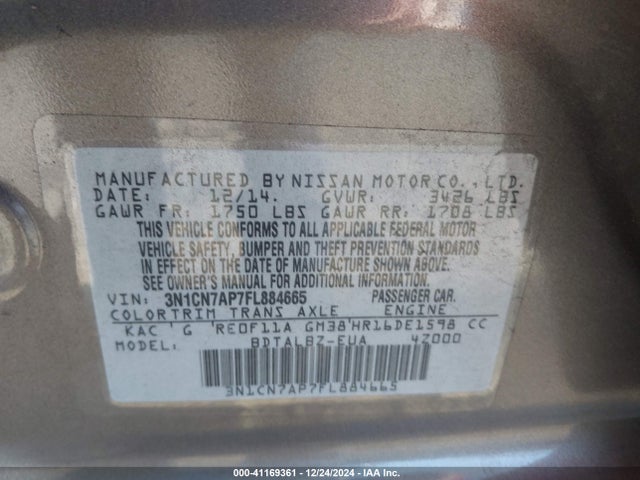 Nissan Versa 1.6 Sv 2015 3N1CN7AP7FL884665 Image 9