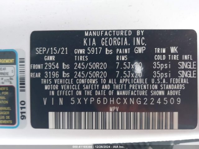 5XYP6DHCXNG224509 KIA Telluride S