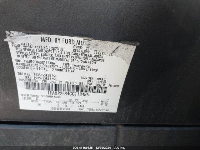Ford TAURUS SEL 2016 1FAHP2E84GG118486 Image 9
