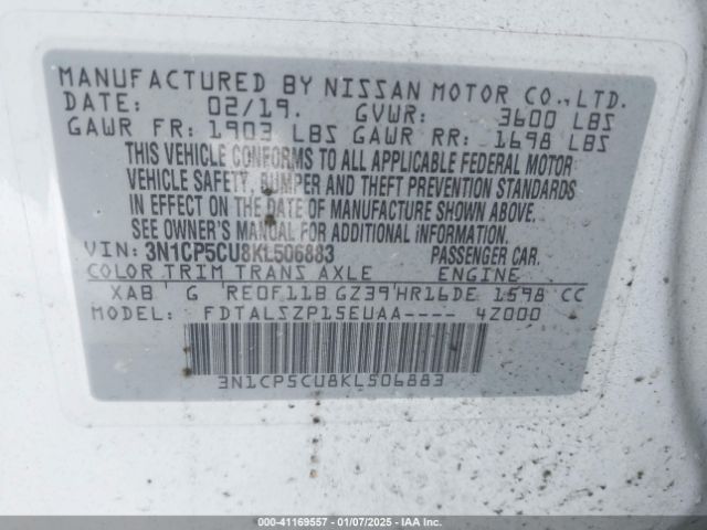 3N1CP5CU8KL506883 Nissan KICKS SV
