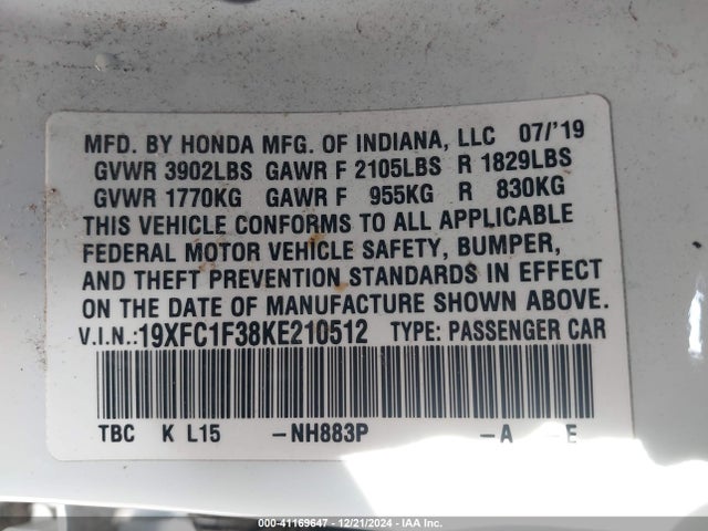 Honda CIVIC EX 2019 19XFC1F38KE210512 Image 9