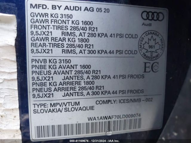 WA1AWAF70LD009074 Audi Sq7 Premium Plus Tfsi Quattro Tiptronic