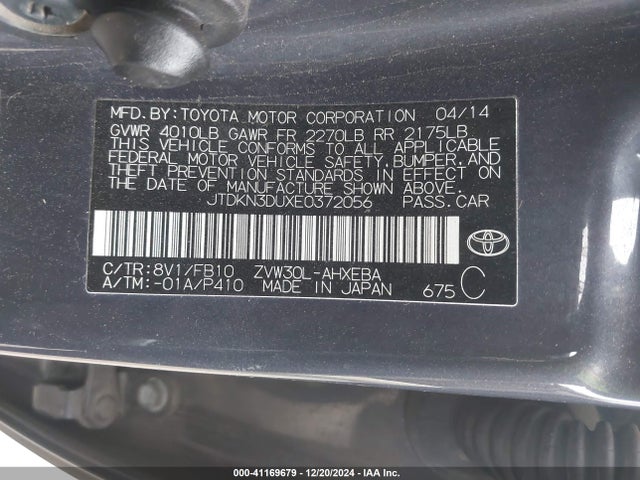 JTDKN3DUXE0372056 Toyota Prius