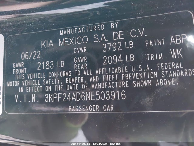 3KPF24AD6NE503916 KIA Forte Lxs