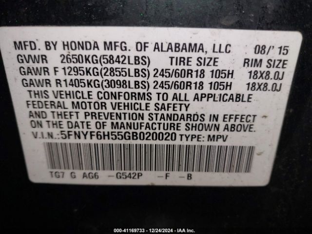 5FNYF6H55GB020020 Honda Pilot Ex-l