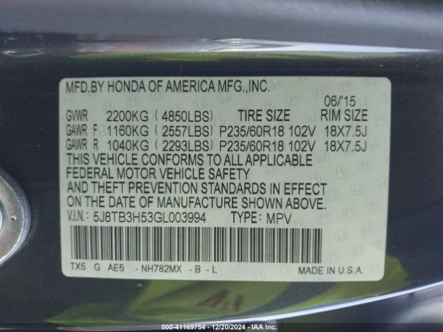 5J8TB3H53GL003994 Acura Rdx Technology   Acurawatch Plus Packages/technology Package