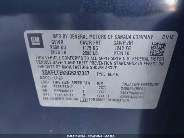 GMC Terrain Sle-2 2016 2GKFLTEK8G6243347 Image 9