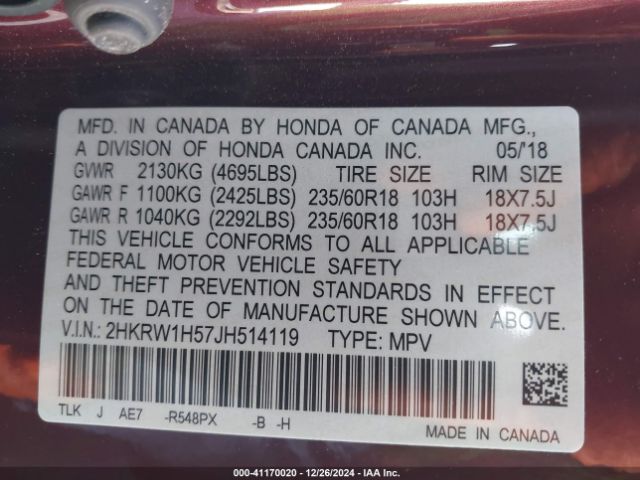 2HKRW1H57JH514119 Honda CR-V EX
