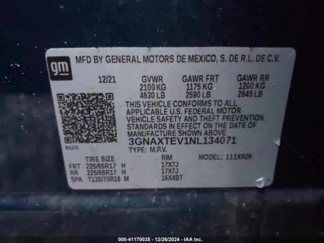 3GNAXTEV1NL134071 Chevrolet Equinox Awd 2fl