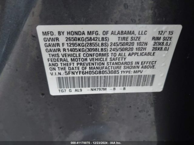 5FNYF6H05GB053085 Honda Pilot Elite
