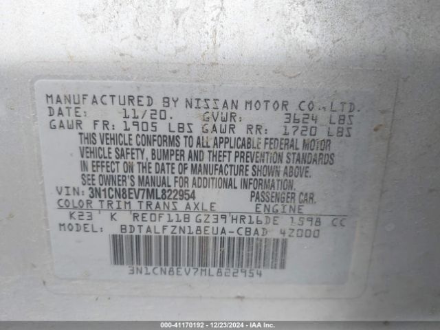 3N1CN8EV7ML822954 Nissan Versa Sv Xtronic Cvt