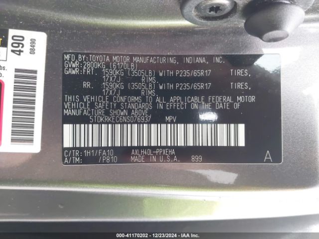 5TDKRKEC6NS076937 Toyota SIENNA LE
