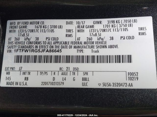 1FTFW1RG5JFA86645 Ford F-150 Raptor