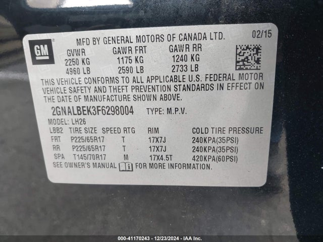 Chevrolet EQUINOX 1LT 2015 2GNALBEK3F6298004 Image 9