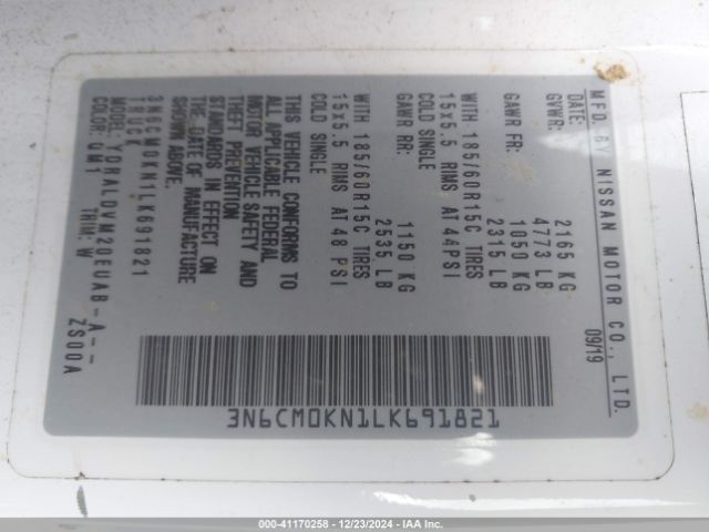 3N6CM0KN1LK691821 Nissan Nv200 Compact Cargo S Xtronic Cvt