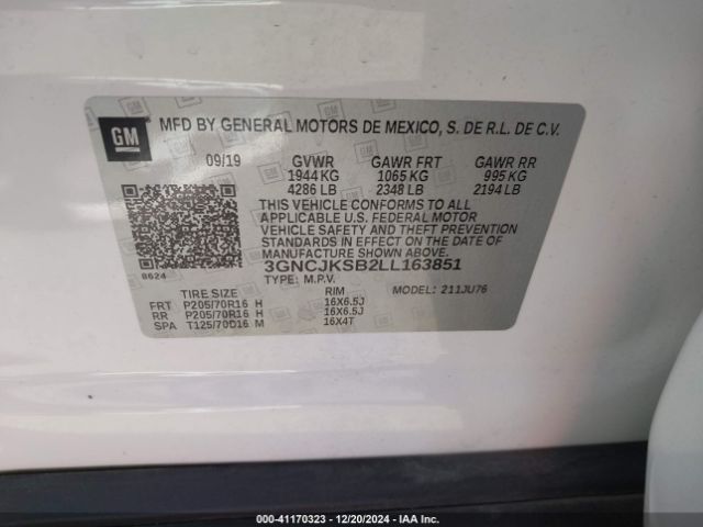 3GNCJKSB2LL163851 Chevrolet Trax Fwd Ls
